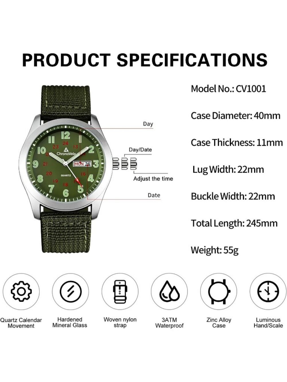 Men's Green Military Dial Durable Nylon Strap Date Display Casual Wrist Watches - Picture 3 of 6